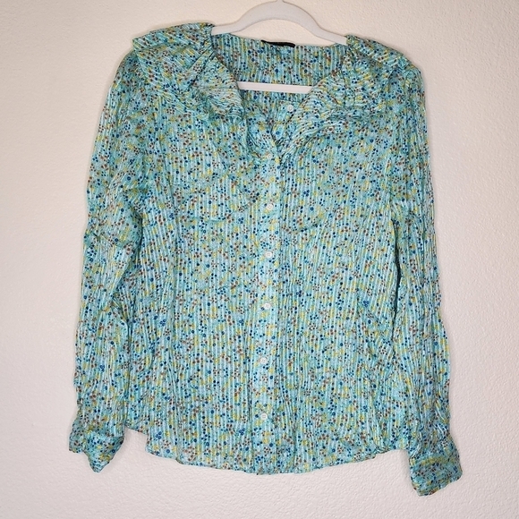 J. Crew Aqua Floral Field  Day Print Ruffle Blouse L - Picture 3 of 9